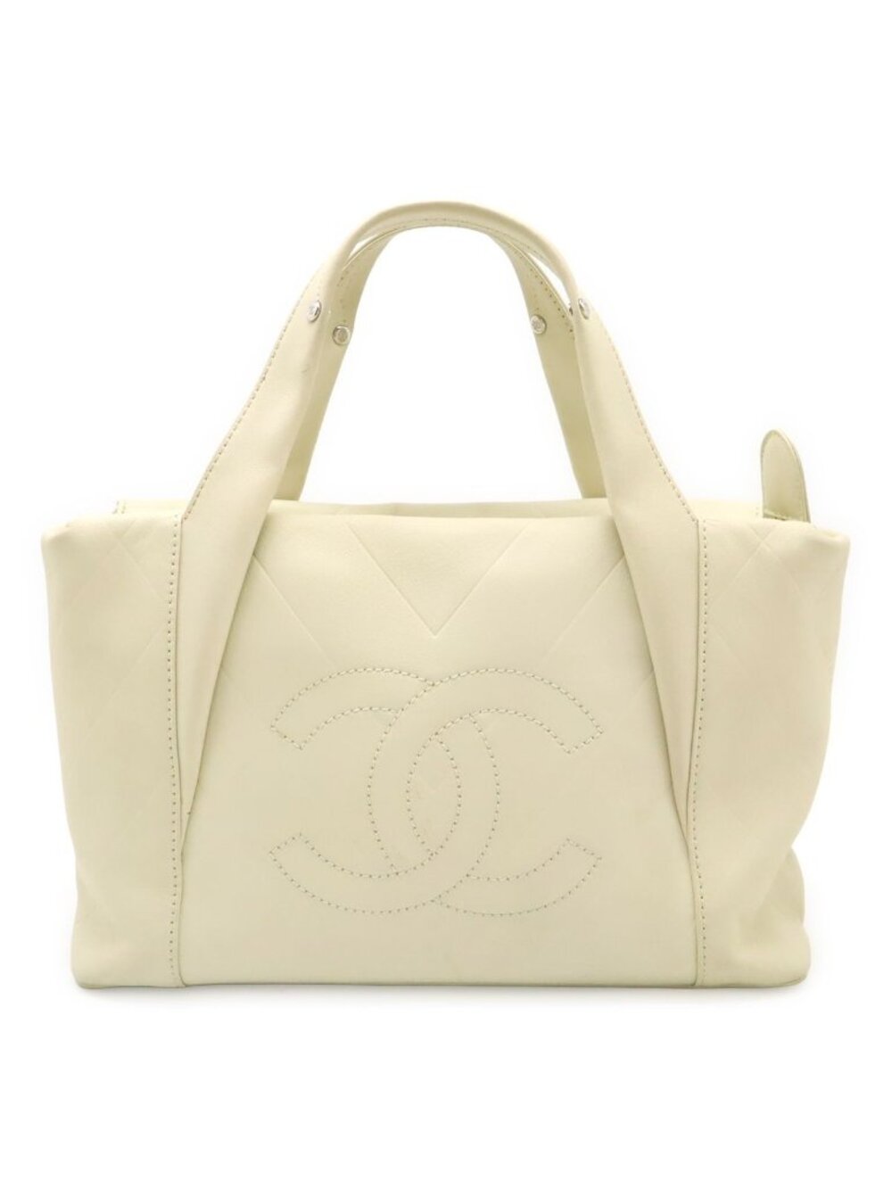 Chanel V-stitch CC Logo Tote Bag Leather Ivory White Silver